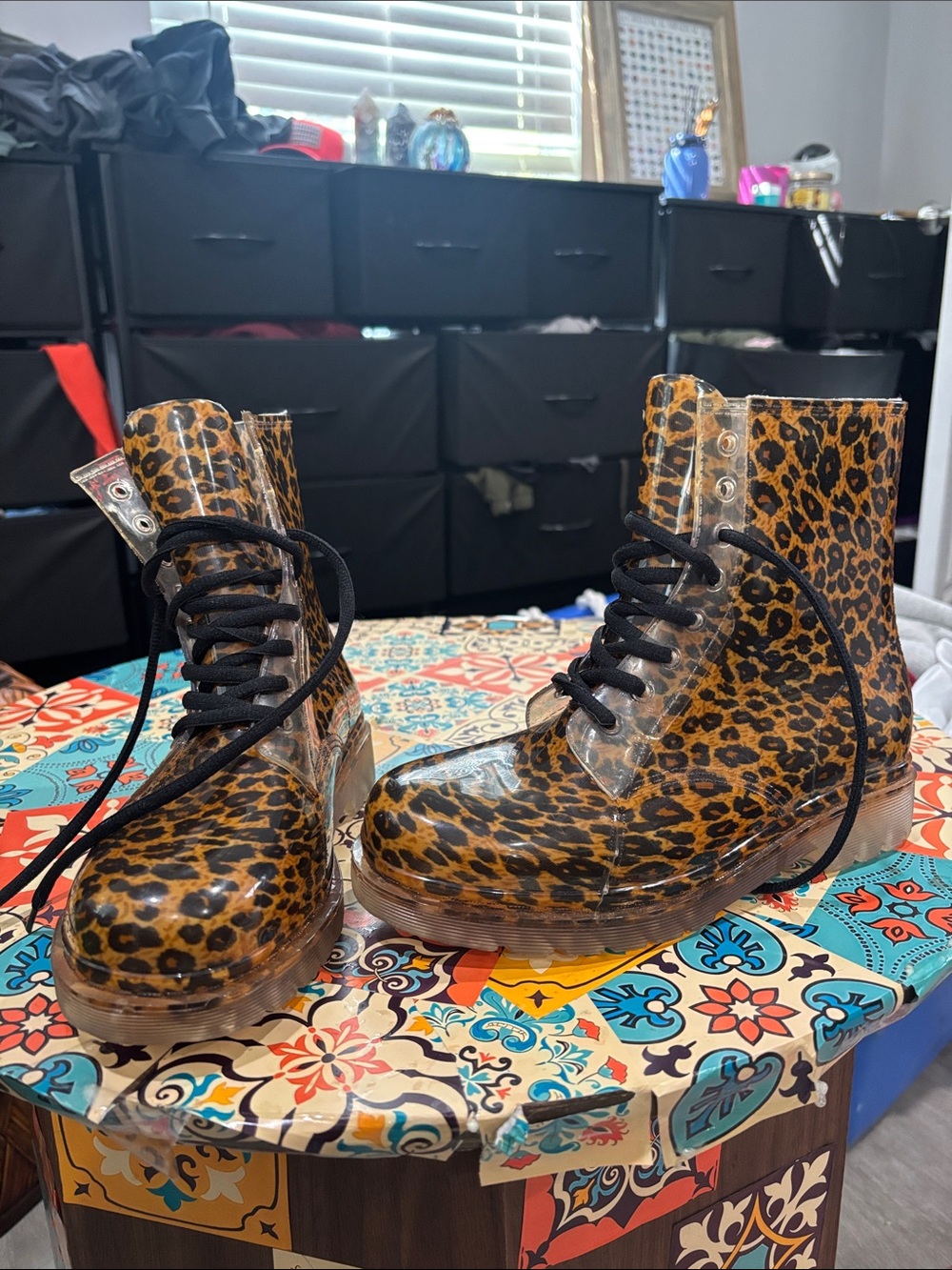 Henry Ferrera Leopard Print Lace-Up waterproof Combat Boots - Black Laces